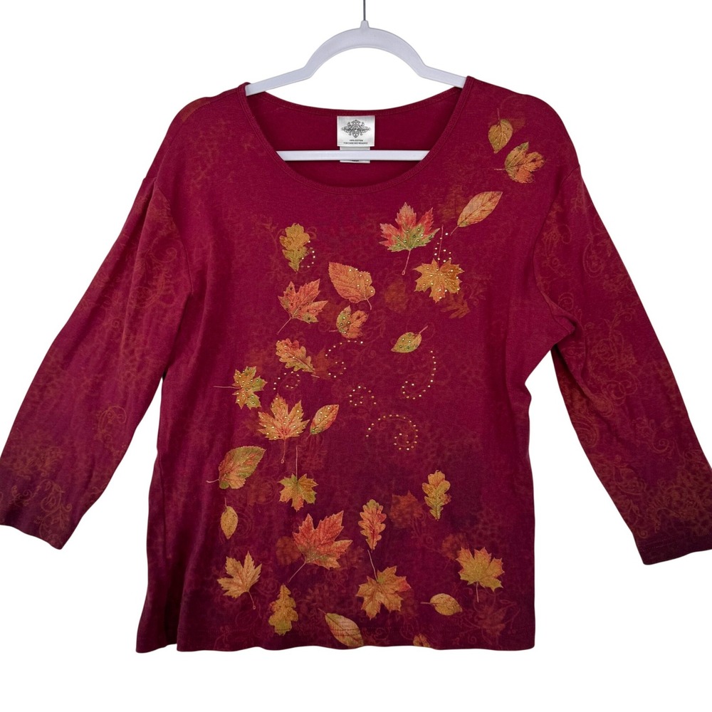 Studio‎ Collection Womens Burgundy Fall Leaf Rhinestone Cotton Top Large L